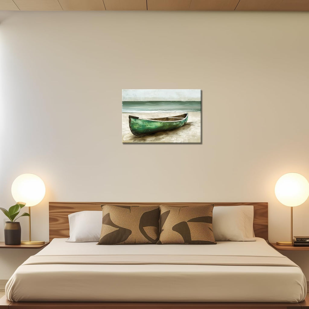 Beach Boat Pictures Wall Art Abstract Green Canoe Boat on Beach Print Painting Rustic Ocean Landscape Textured Seascape Artwork for Bathroom Office Living Room Decor