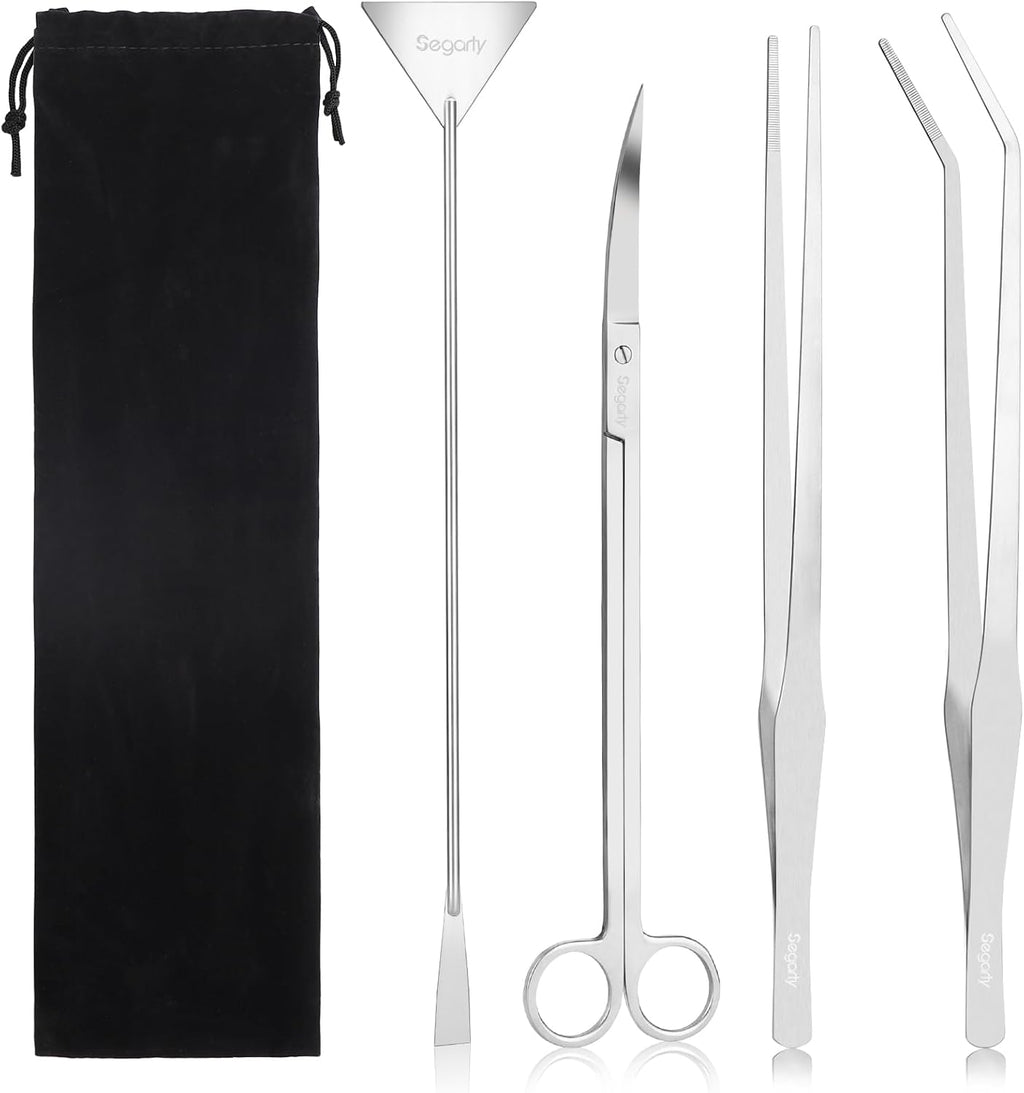Segarty Longer Aquarium Aquascaping Tools, 4 in 1 Stainless Steel Silver Aquarium Tools Kit for Aquatic Plant Fish Tank, Scraper Spatula Feeding Tweezers Curved Scissors Anti Rust Aquascape Set