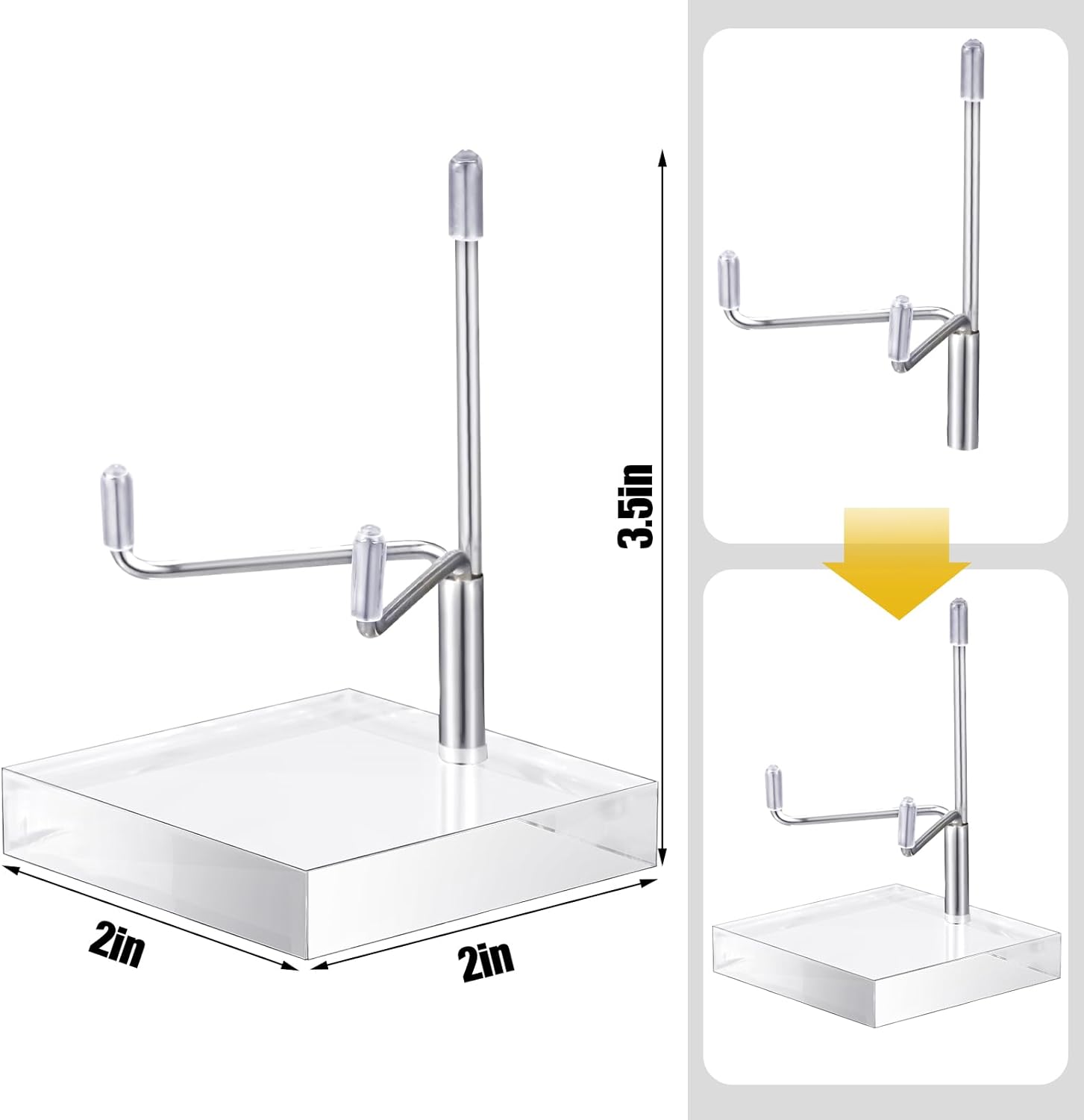 Kigley 8 Pcs Adjustable Metal Arm Display Stand Crystal Holder Easel Display with Acrylic Base Easel Rock Mineral Stand for Geodes Mineral Agate Collection(Silver,2 x 2 x 3.5 Inch)
