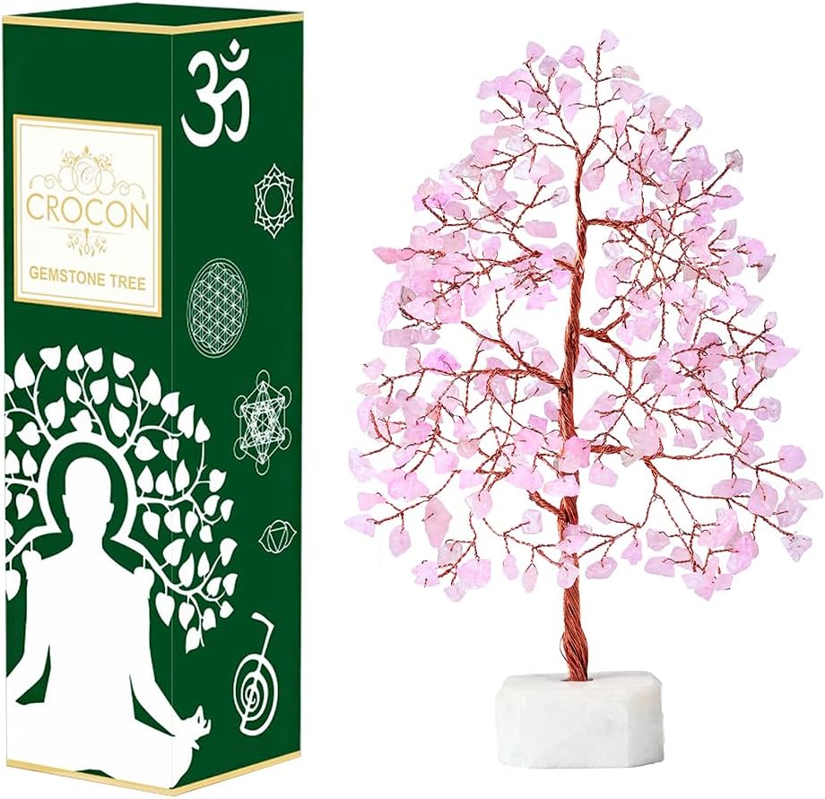 Rose Quartz Crystal Tree Gemstone Tree of Life Quartz Base Chakra Bonsai Tree for Room, Office & Bedroom Decor Spiritual Gift Meditation Birthday Gift for Women Mom her Sister Housewarming Gifts Home