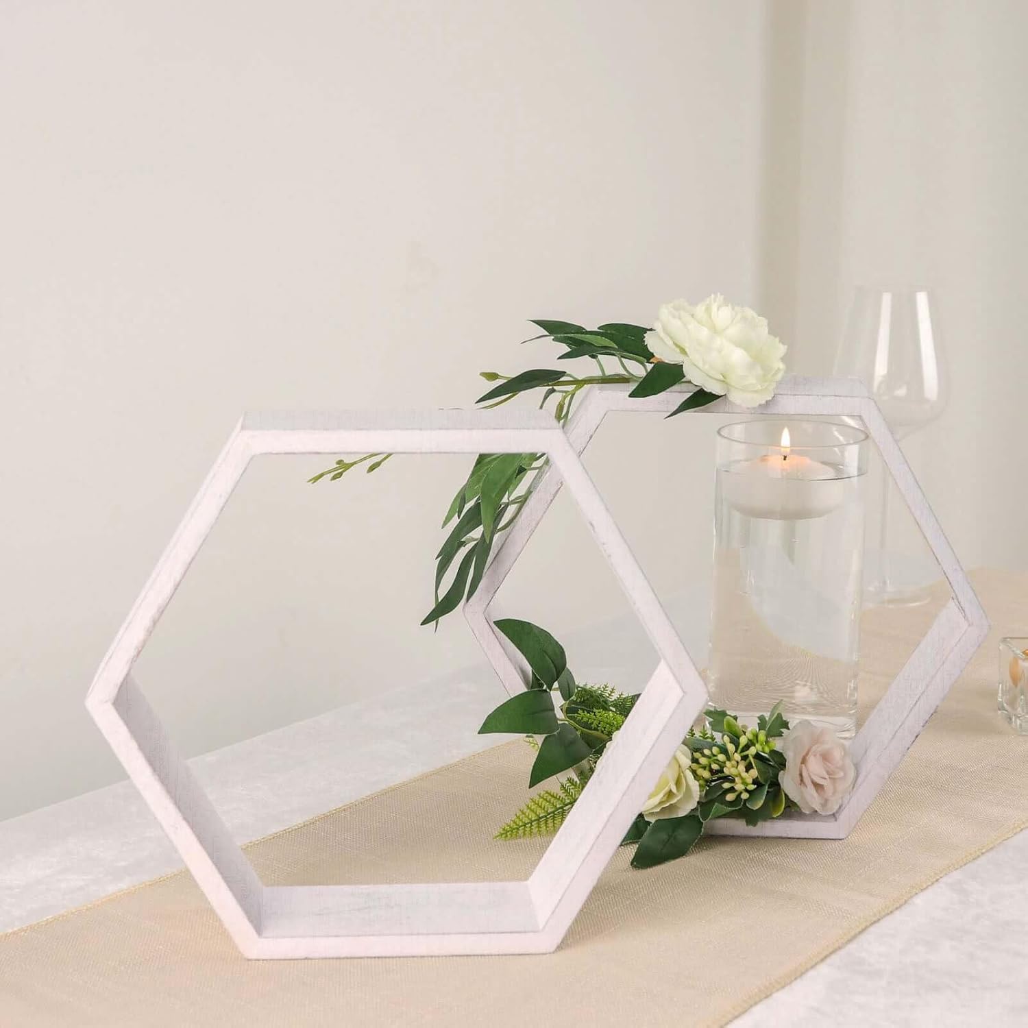 Efavormart 2 Pack | 9" Hexagon Whitewashed Wood Centerpiece, Geometric Terrarium, Honeycomb Storage Shelf