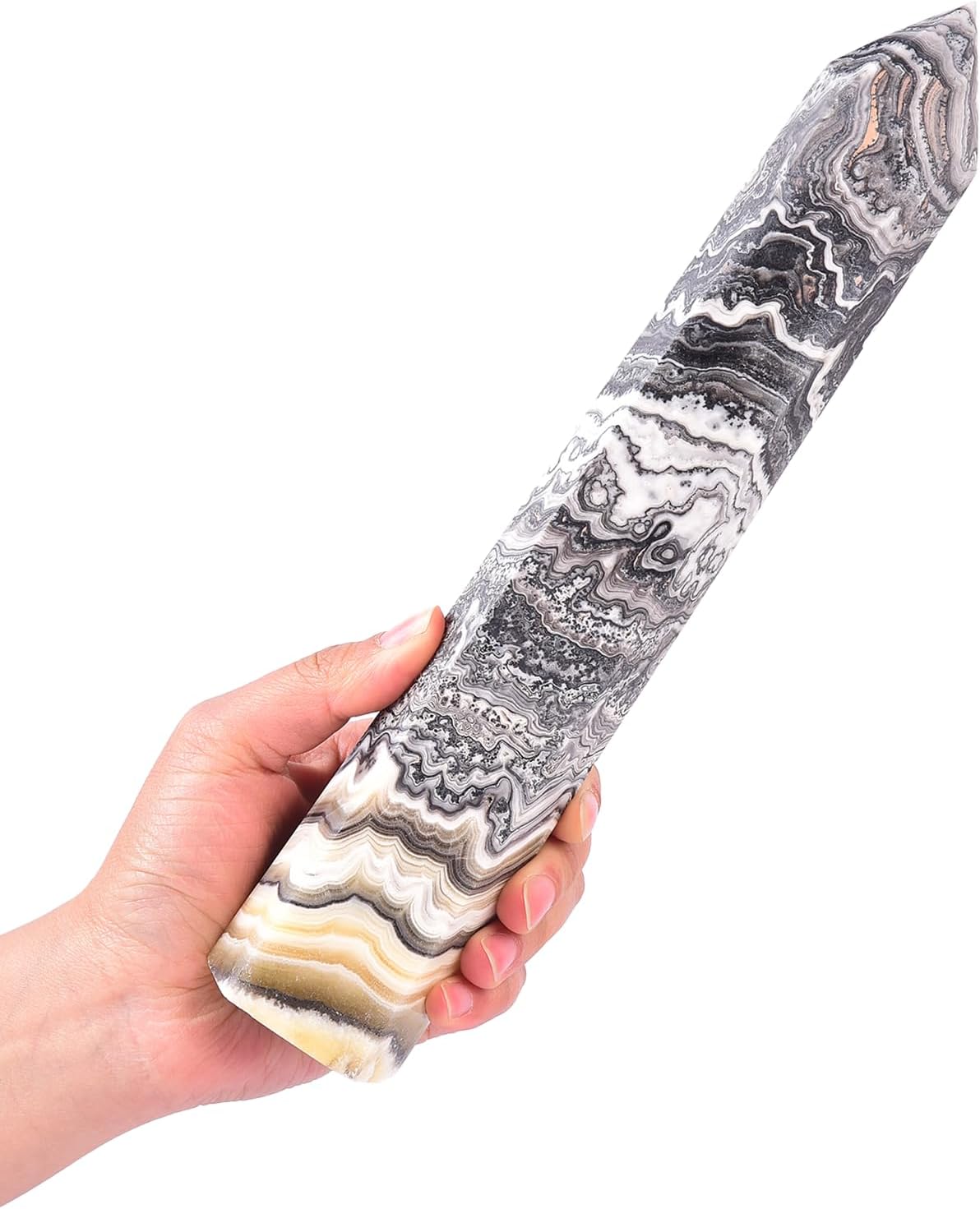 JIC Gem Large Black and Yellow Calcite Healing Crystal Wand Point 6 Faceted Obelisk Tower Reiki Chakra Meditation Therapy 1.7-2.2 Lbs