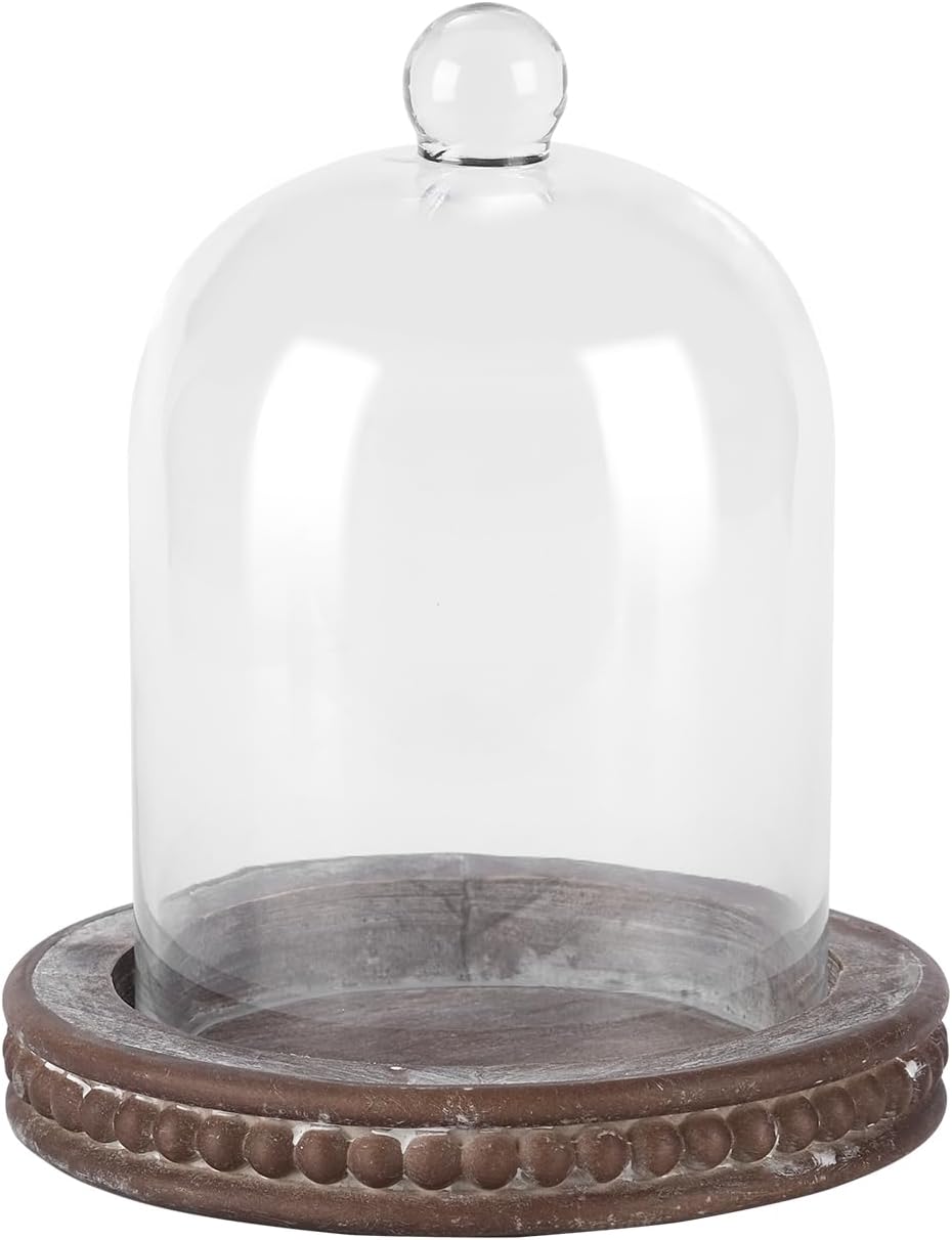 8" High Large Handmade Sturdy Glass Cloche with Rustic Brown Beaded Wooden Base in Farmhouse & Cottage Style, for Terrarium, Trinkets, Cakes, Figurines (Brown, 5"x7.5")