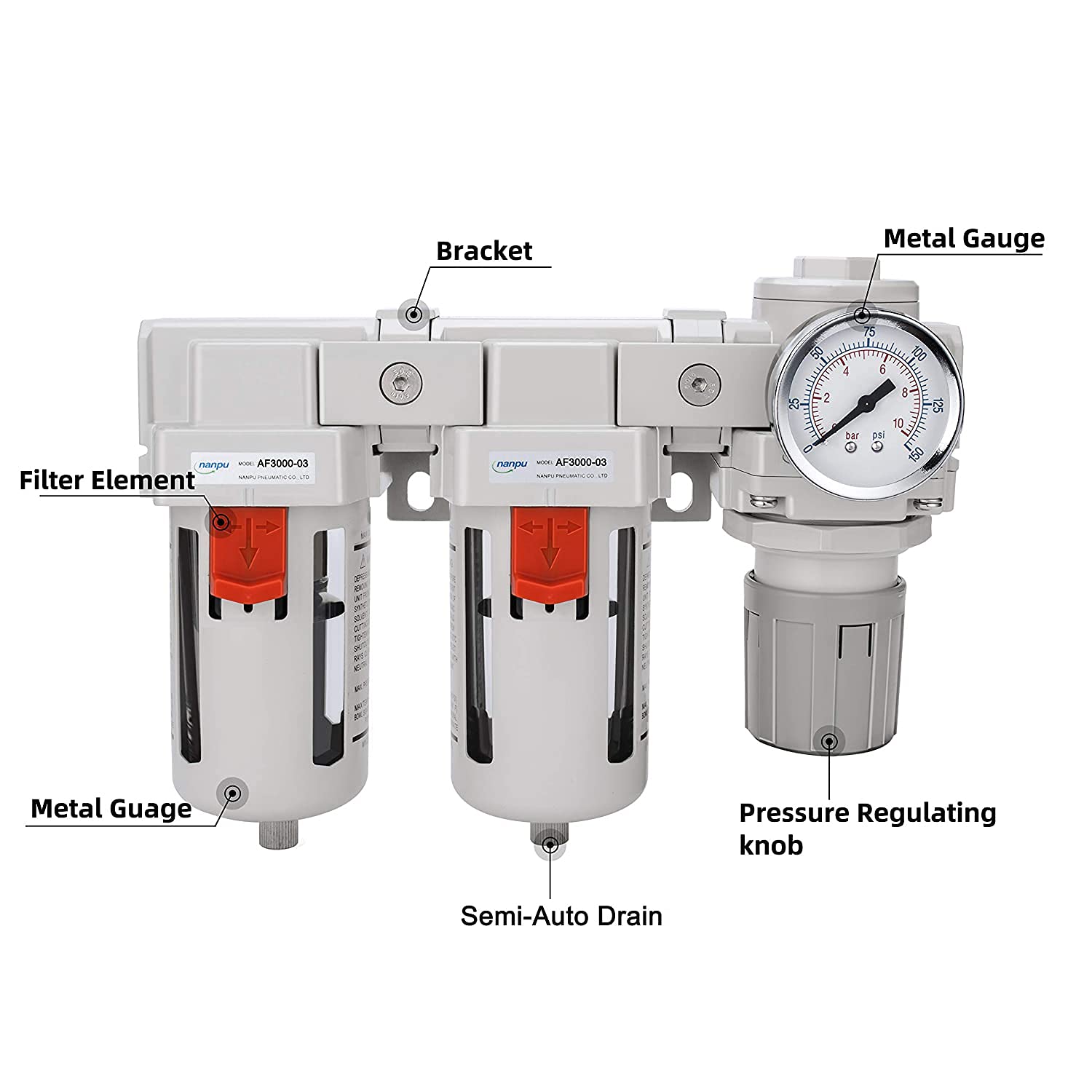 NANPU DFR-03 3/8" NPT Air Drying System - Double Air Filters, Air Pressure Regulator Combo - Semi-Auto Drain, Poly Bowl