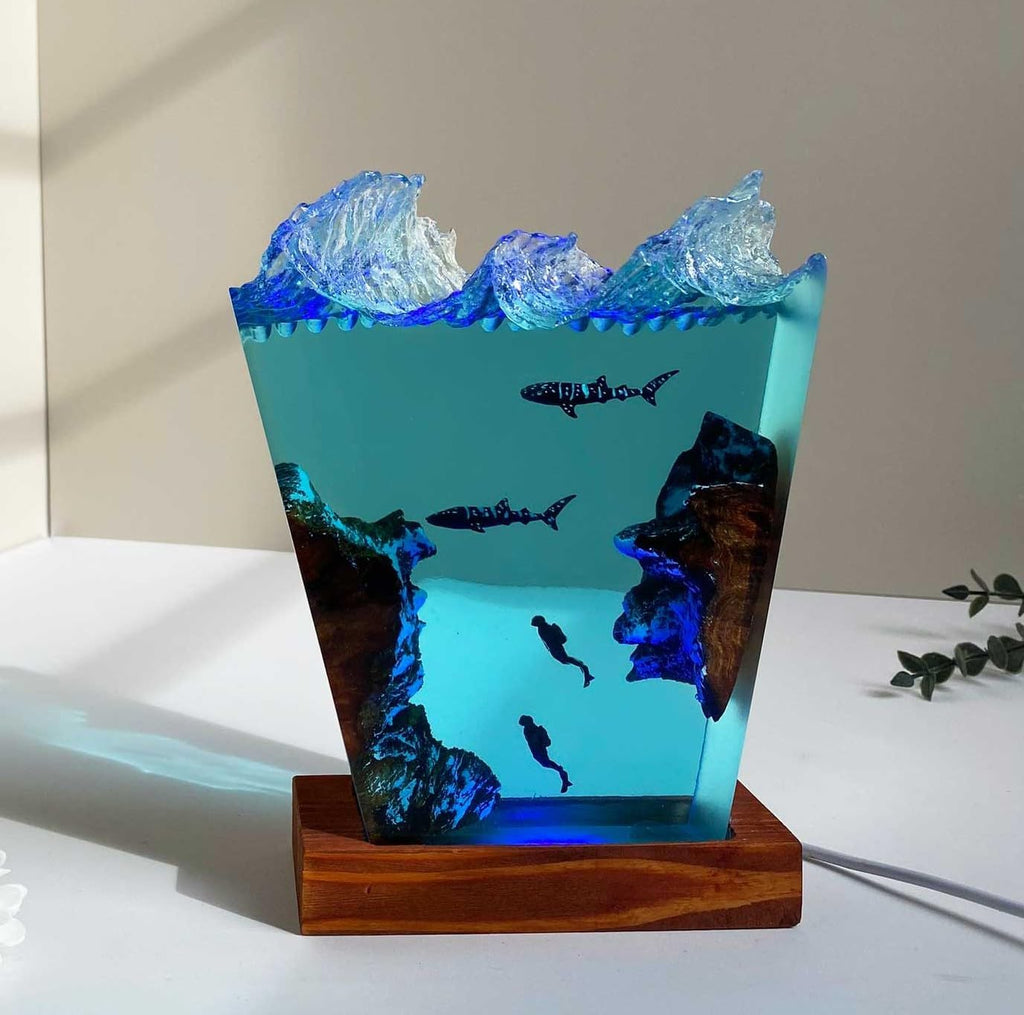Ocean Resin Lamp – Marine Life Night Light with 16 Color LED, USB Powered Orca Shark & Turtle Desk Lamp with Wooden Base & Remote,Handmade Gift for Christmas, New Year