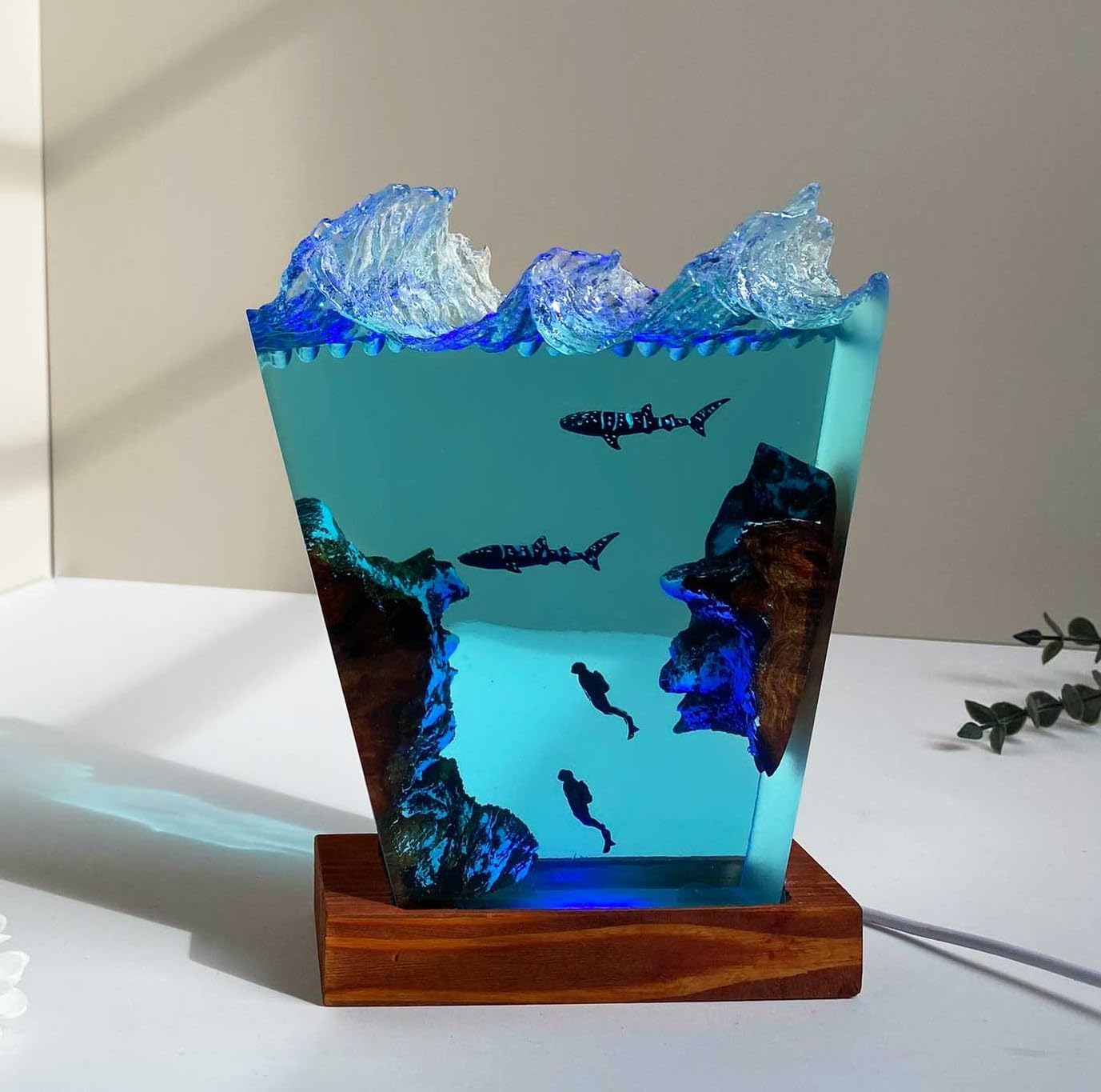 Ocean Resin Lamp – Marine Life Night Light with 16 Color LED, USB Powered Orca Shark & Turtle Desk Lamp with Wooden Base & Remote,Handmade Gift for Christmas, New Year