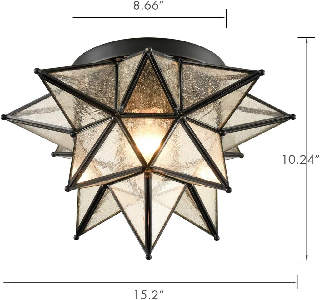 DAYCENT Boho Moroccan Seeded Glass Moravian Star Light Fixture Ceiling Flush Mount Hallway Kitchen, Black, 15 Inches