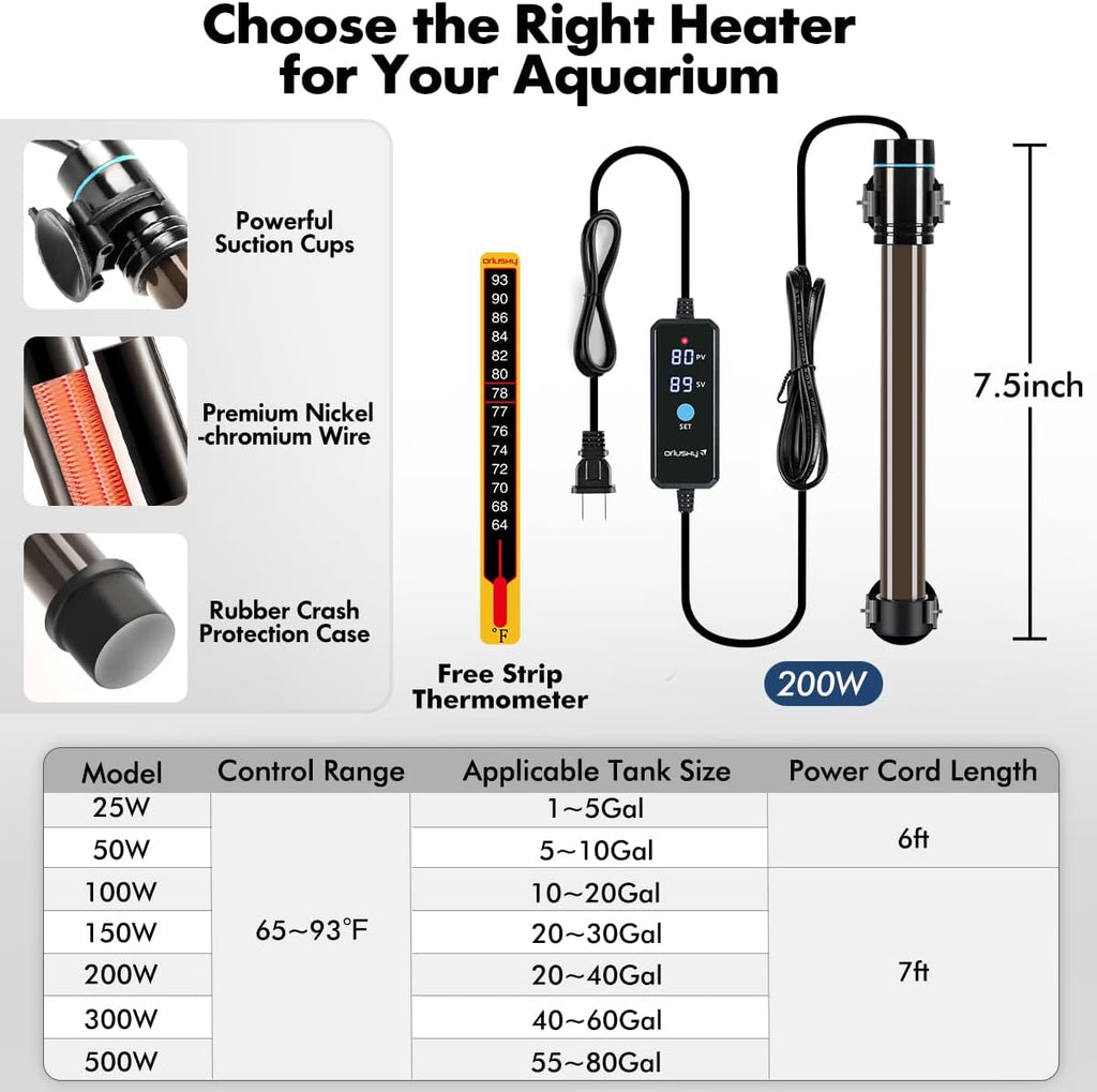 Orlushy 200W Submersible Aquarium Heater, Adjustable Fish Tank Heater with Digital Display External Controller, Overheat Protection and Free Thermometer for 20-40 Gallons Freshwater and Saltwater Tank