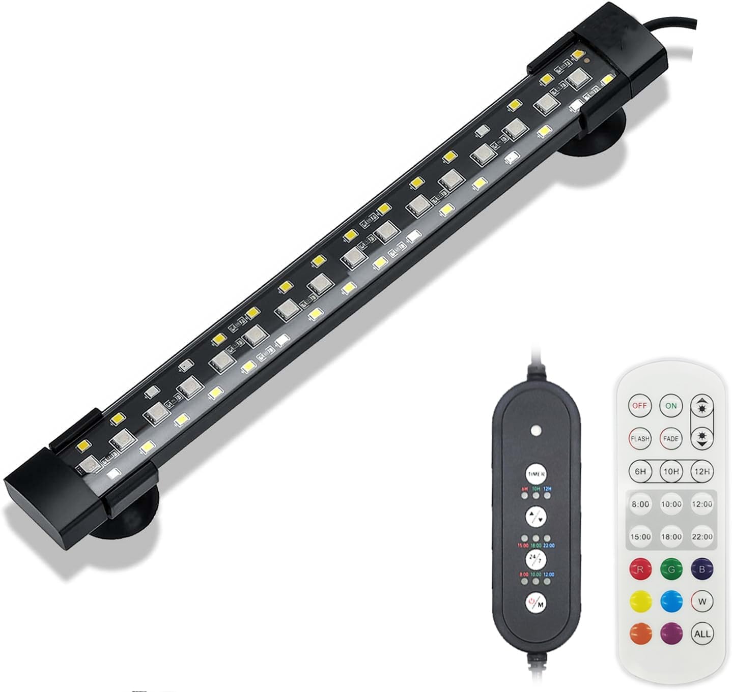 Underwater Aquarium Light 24/7 Mode Submersible Fish Tank LED Light, Full Spectrum Hidden Fish Tank Light with 3 Rows Beads 7 Colors Auto On Off, Adjustable Timer Remote Control