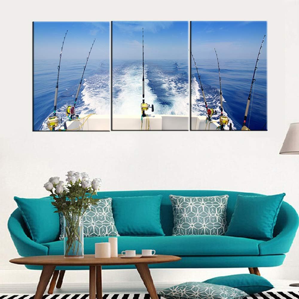Angling Paintings for Living Room Fishing Tackle Wall Art Seascape Pictures 3 Panels Printed on Canvas Stretched Home Modern Decor Contemporary White Artwork Giclee Framed Ready to Hang(48''Wx 24''H)
