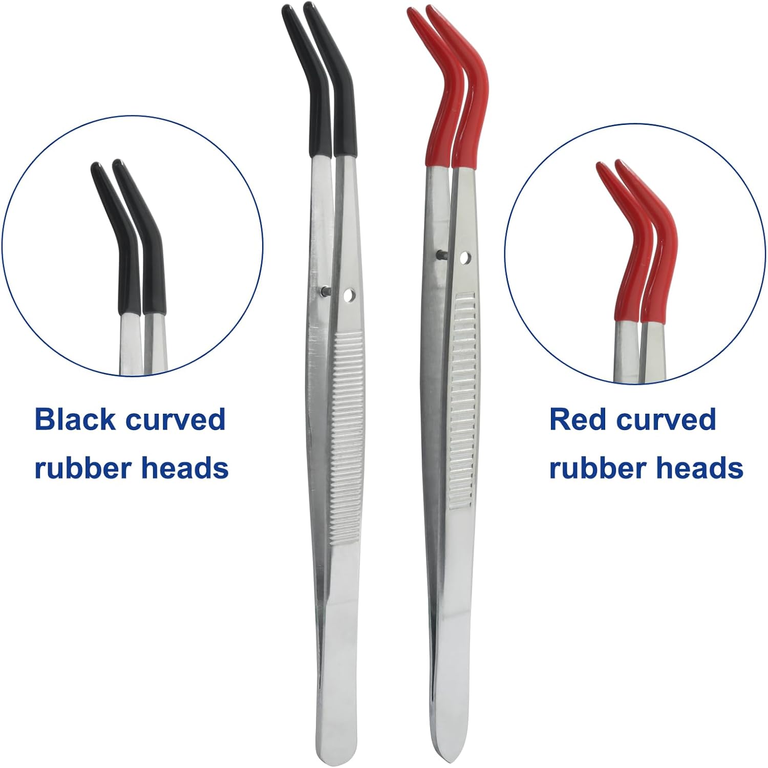 2 Pack Curved Tweezers, Silicone Rubber Bent Tip PVC Coated Soft Tip Tweezers, Non Marring Stainless Steel Tools for Jewelry Crafts/Electronics