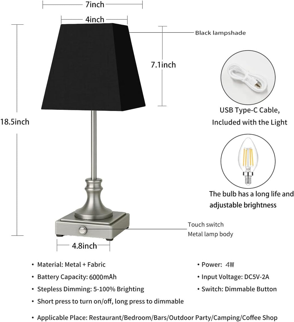 Rechargeable LED Table Lamps with Stepless Touch Control,Sliver Cordless Lamp for Living Room&Bedside&Patio&Shower,Small Desk Lamp(6000mAH Battery),2 Pack for Home Decor,Best Gifts for Family