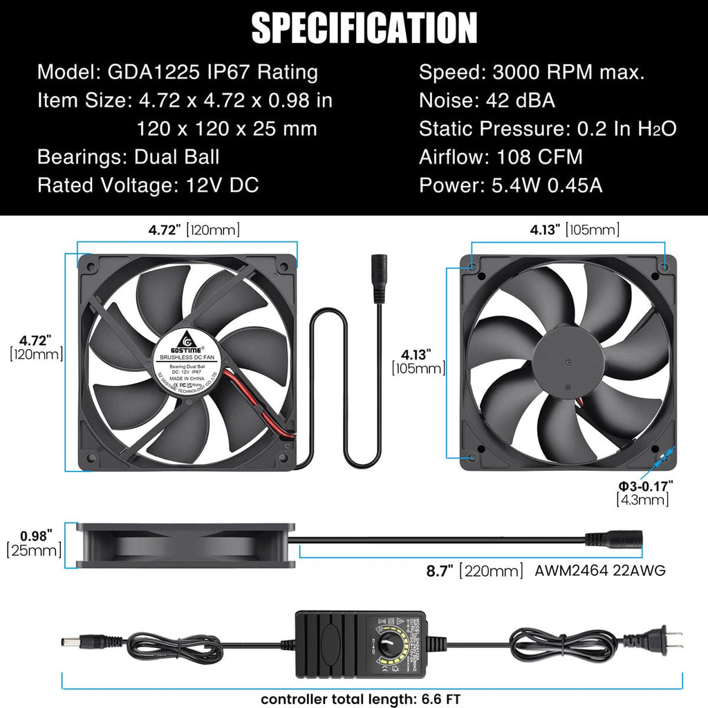 GDSTIME 120mm Waterproof Fan with Speed Controller, IP67 12V Computer Fan with AC Plug, 110V 120V 220V AC Powered Ventilation Exhaust Fans for Receiver Terrarium Biltong Box Grow Tent Cabinet Cooling