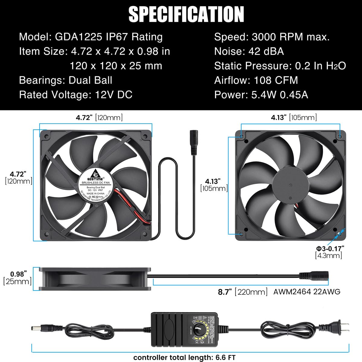 GDSTIME 120mm Waterproof Fan with Speed Controller, IP67 12V Computer Fan with AC Plug, 110V 120V 220V AC Powered Ventilation Exhaust Fans for Receiver Terrarium Biltong Box Grow Tent Cabinet Cooling