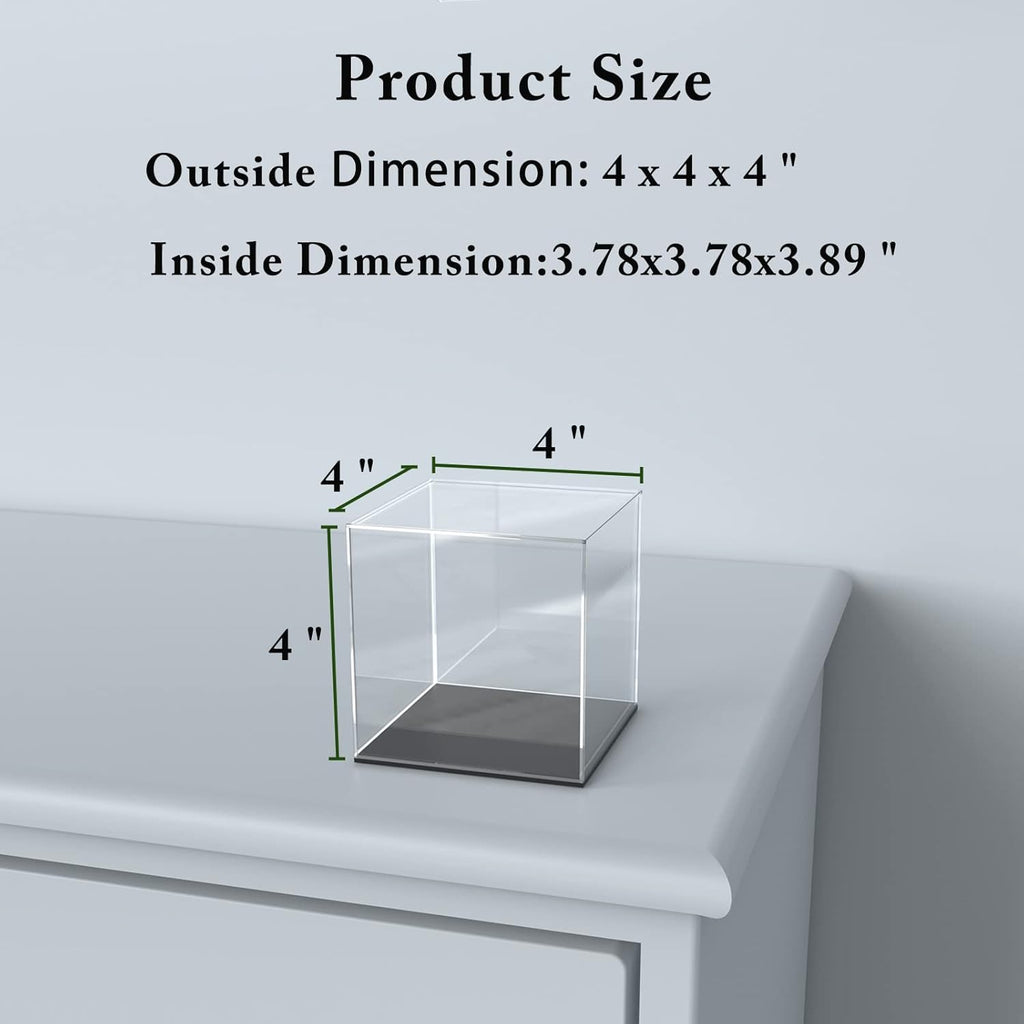 Acrylic Display Case, 4x4x4 Inch Cube Box With Matte Black Base, Clear Single-Piece Case for Softball Collectibles Figurines Mini Figures