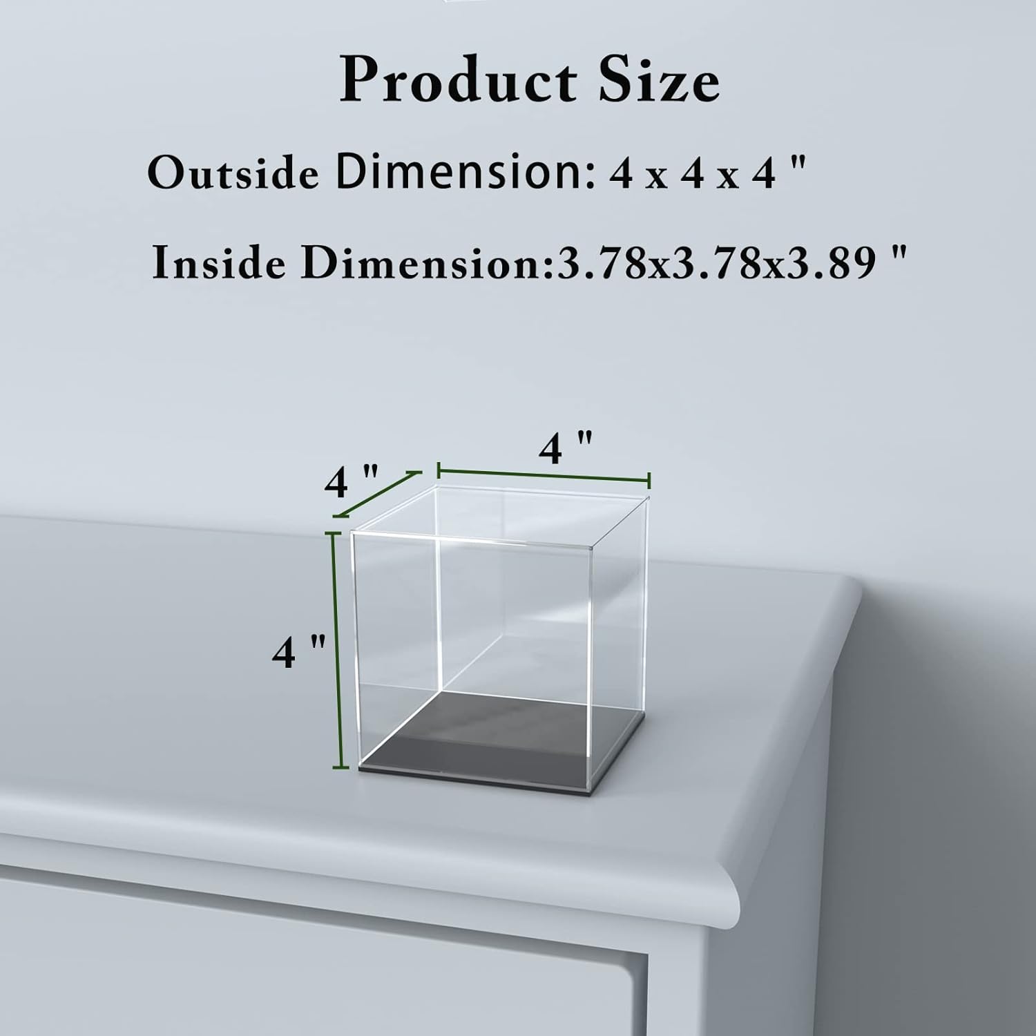 Acrylic Display Case, 4x4x4 Inch Cube Box With Matte Black Base, Clear Single-Piece Case for Softball Collectibles Figurines Mini Figures