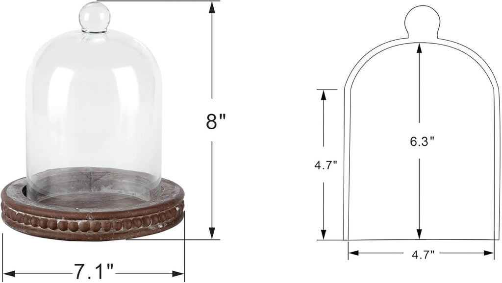 8" High Large Handmade Sturdy Glass Cloche with Rustic Brown Beaded Wooden Base in Farmhouse & Cottage Style, for Terrarium, Trinkets, Cakes, Figurines (Brown, 5"x7.5")