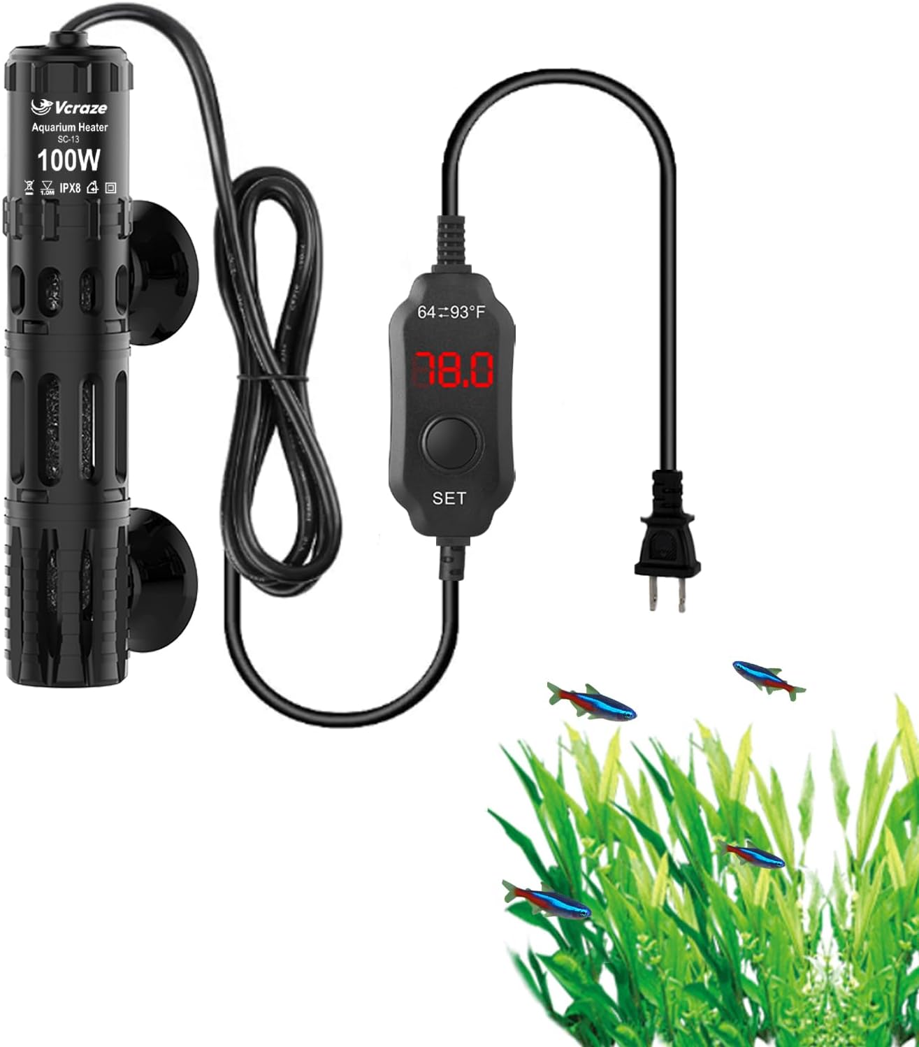 Fish Tank Heater with LED Digital Display Thermostat, Submersible Aquarium Heater with Protective Housing, 100W Adjustable Fish Heater for 10-20 Gallon Tanks