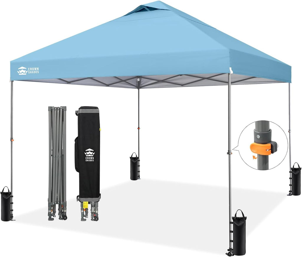 CROWN SHADES Adjustable Height on The Fly, 10x10 Pop Up Canopy - Beach Tent with One Push Setup - Easy Outdoor Sun Shade for Events, Parties, Camping - Outside Shade with STO-N-Go Bag, Cyan Blue