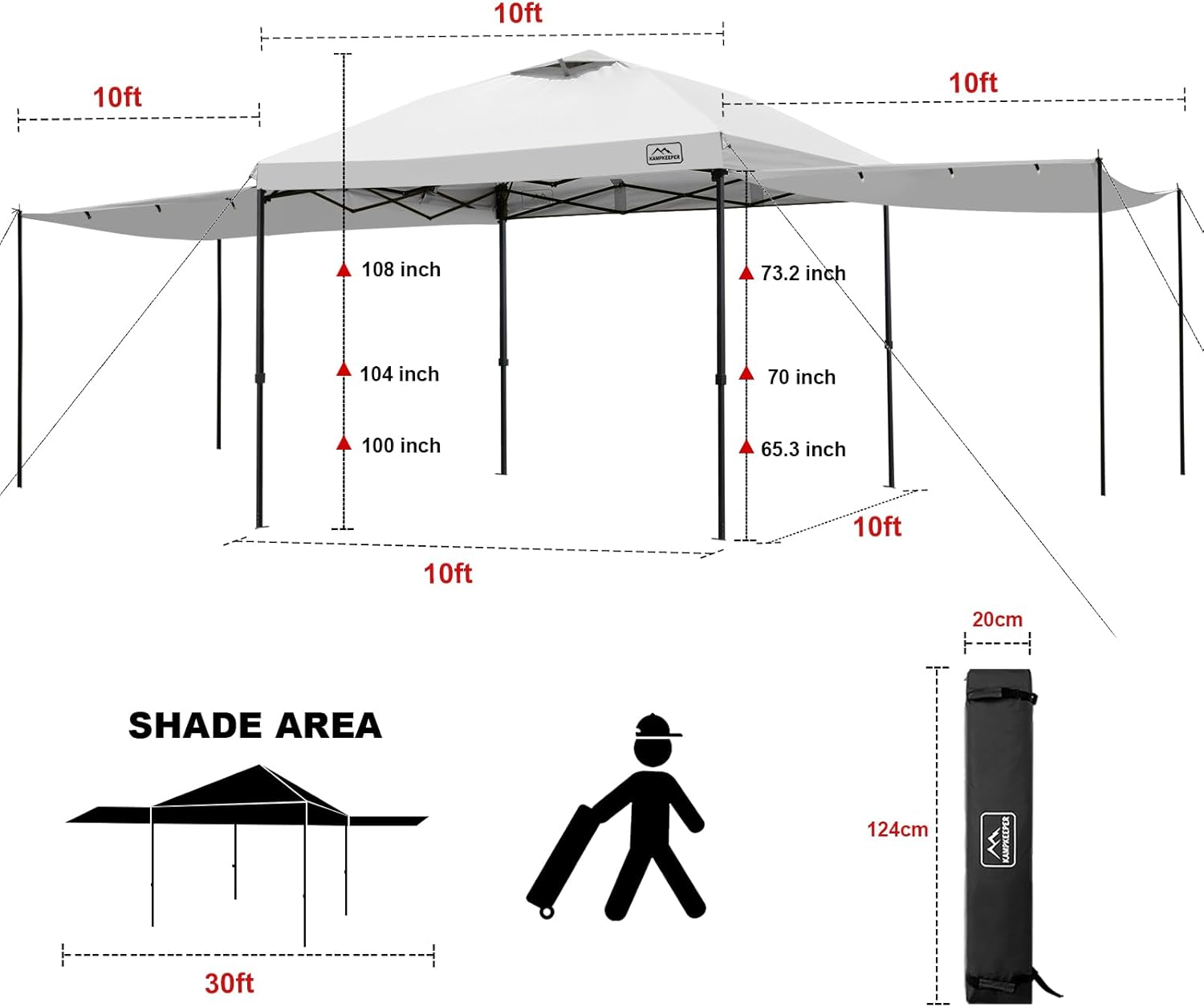 KAMPKEEPER 10x10 Easy Pop Up Canopy Tent with Sidewalls, Instant Outdoor Shade Shelter with Removable 10FT Sun Walls, Quick Setup Waterproof and UV-Resistant for Patio (White, 2 sidewall)