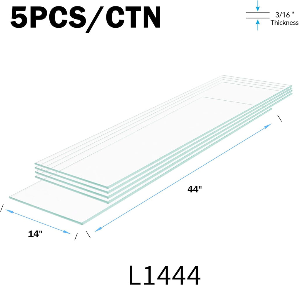 14" W x 44" L - Tempered Rectangle Glass Shelf Without Frame (5 Pieces Set) - 3/16" Thick -Pencil Polished