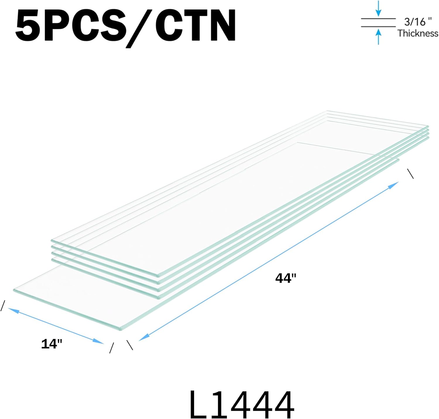 14" W x 44" L - Tempered Rectangle Glass Shelf Without Frame (5 Pieces Set) - 3/16" Thick -Pencil Polished