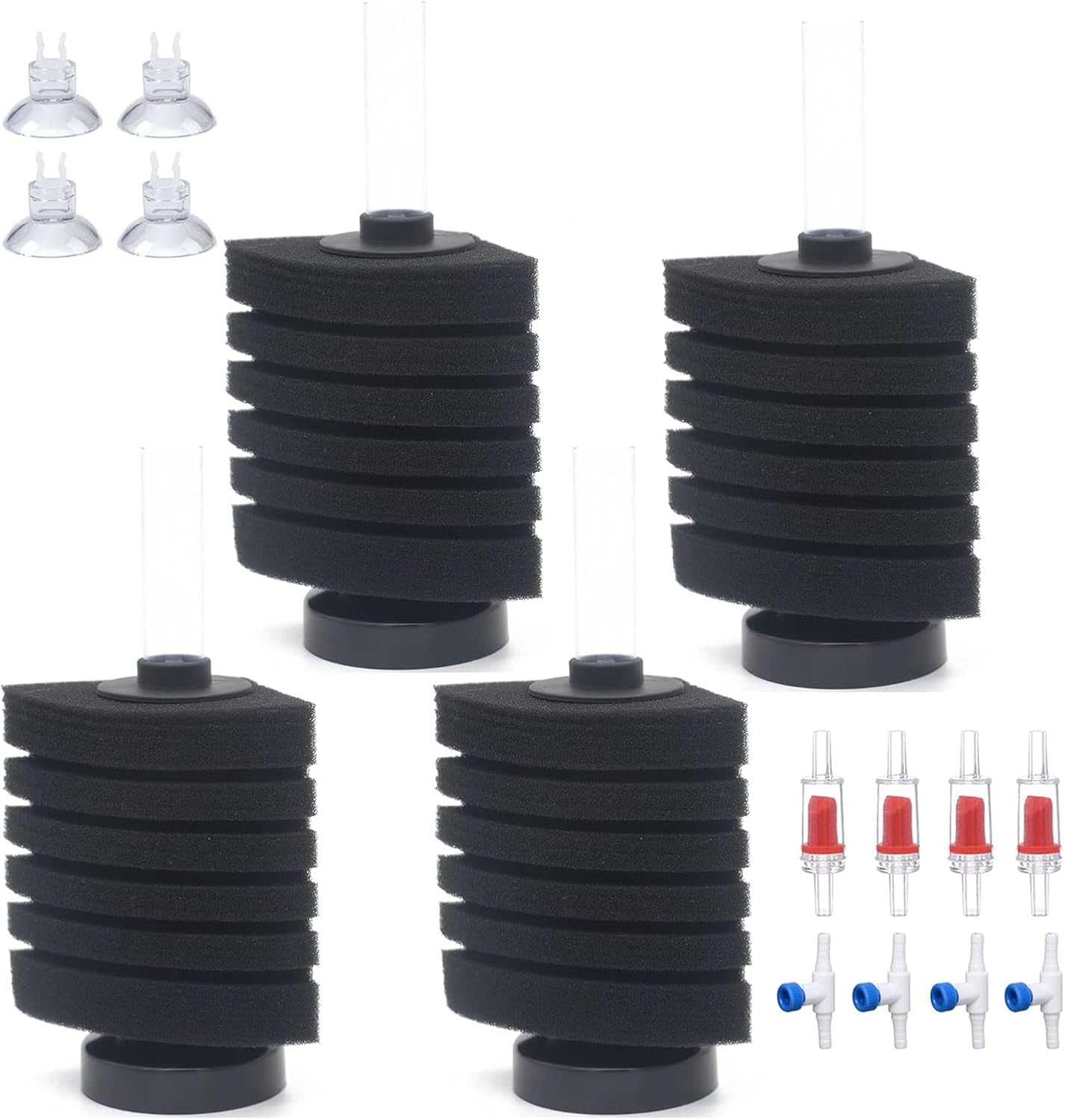 ALEGI 4pcs Small Aquarium Bio Sponge Filter with Suction Cups, Check Valves for 5 Gal, 10 Gal, 20 Gal Breeding Fry Betta Shrimp Fish Tank (Up to 20 Gallon 4 Pcs)