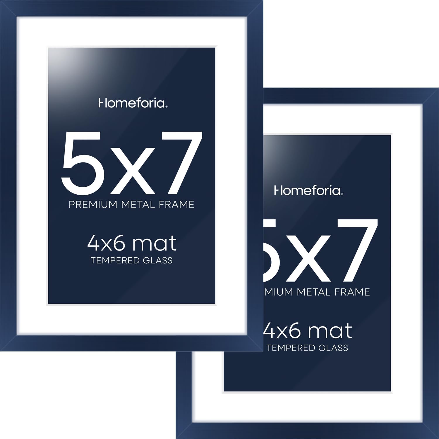 Homeforia 5x7 Picture Frame Navy Blue, High End Metal 5 x 7 Frames with Mat 4 x 6 for Print, 5by7 Desk Frame Matted to 4x6 inch Photo, 5 by 7 Wall or Tabletop Frame, Tempered Glass, Wall Kit, Set of 2