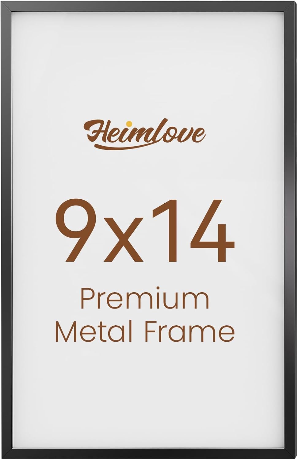 Heimlove 9x14 Metal Picture Frame,Black Aluminum Photo Frames-Real Tempered Glass,Mounting Horizontally or Vertically Decor for Wall-1Pack