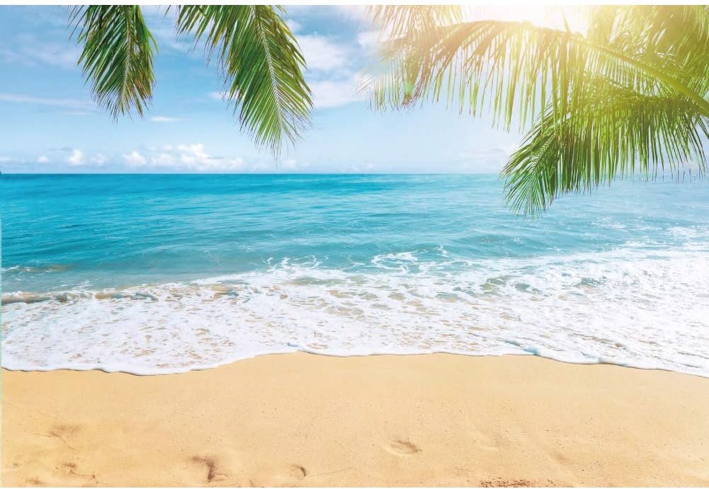 Leowefowa 7x5ft Sea Beach Backdrop Seaside Sand Beach Sea Wave Tropical Palm Leaf Photography Backdrops for Photo Shoots Holiday Party Adult Personal Portrait Photo Background Studio Props