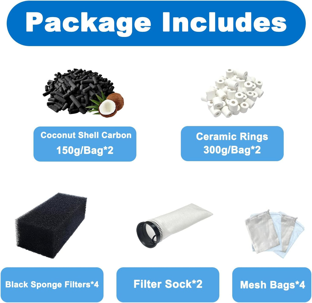 14 PCS Filter Media Maintenance Set Replacement for Waterbox AIO 20 CUBE and AIO 25 PENINSULA Aquarium Filters, Includes 2.75 Inch Filter Socks, Carbon Pellets, Ceramic Rings, AIO Filter Sponges