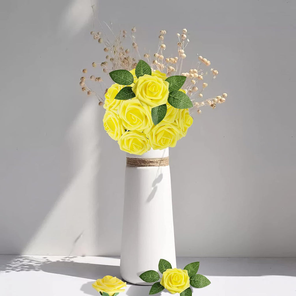 AmyHomie Artificial Flower Yellow Rose 25pcs Real Looking Fake Roses w/Stem for DIY Wedding Bouquets Centerpieces Arrangements Party Baby Shower Valentines Day Christmas Tree Decorations