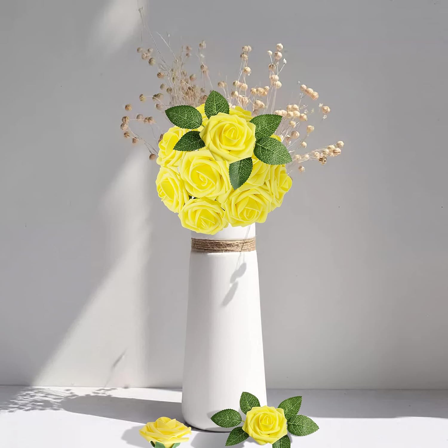 AmyHomie Artificial Flower Yellow Rose 25pcs Real Looking Fake Roses w/Stem for DIY Wedding Bouquets Centerpieces Arrangements Party Baby Shower Valentines Day Christmas Tree Decorations