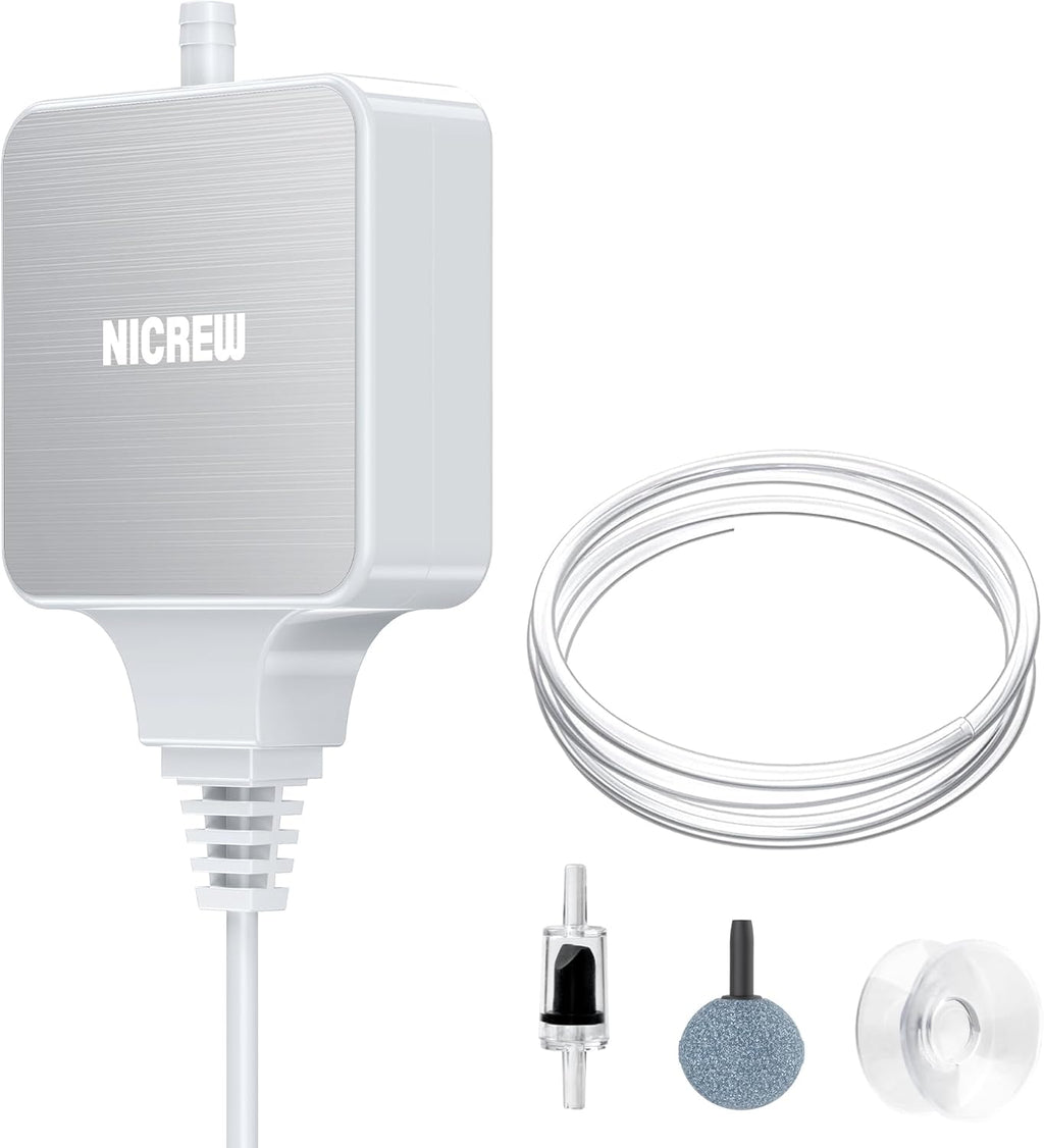 NICREW Nano Silent Aquarium Air Pump White, Aquarium Aerator with Accessories for Up to 10 Gallon Fish Tank, Super Quiet, 0.3 L/min, 1.5 Watts