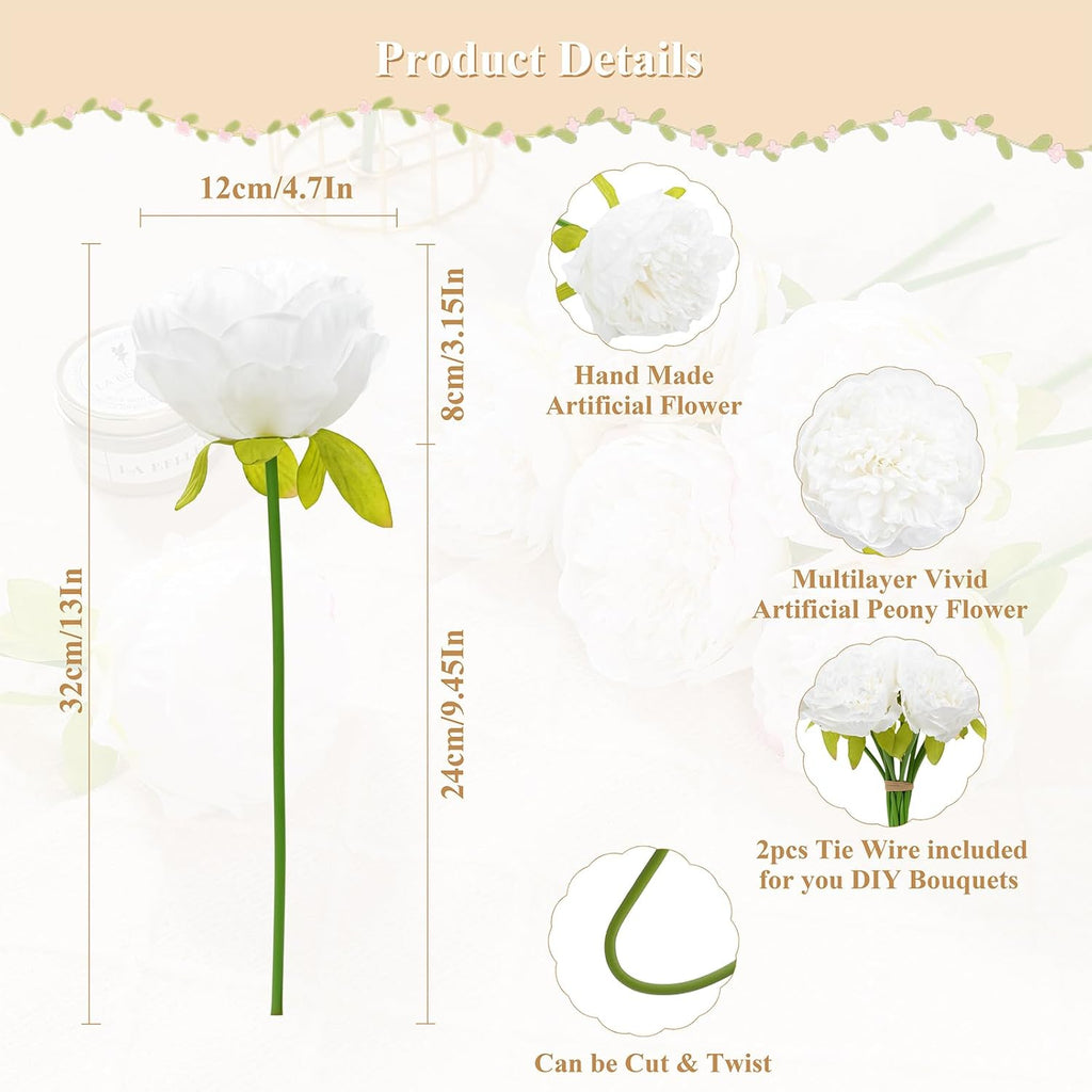 U'Artlines Artificial Peony Silk Flower with Stems 10pcs Real Look Vintage Peonies for Home Wedding Decoration(Pure White)