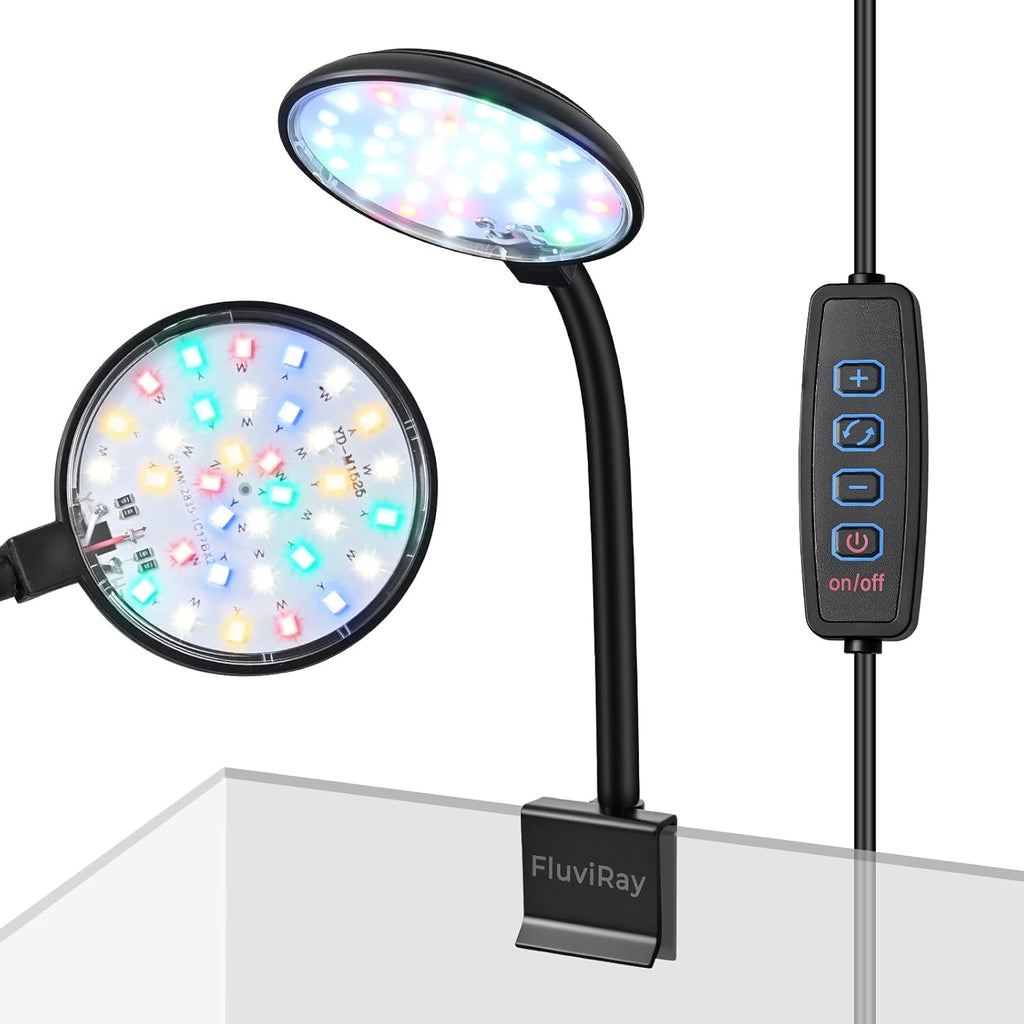 Mini Clip-On Aquarium Light 7W USB Dimmable Fish Tank Lamp with 3 Light Modes (White/RGB/Full Spectrum), 9-Level Brightness, 360° Adjustable Gooseneck for 1–3 Gallon Tanks