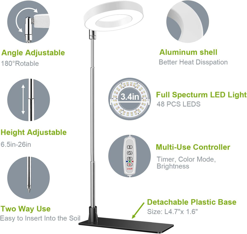 Grow Lights for Indoor Plants, 48 LEDs Full Spectrum Halo Plant Light for Indoor Plants, Height Adjustable Growing Lamp with Detachable Base, 3/9/12Hrs Timer, 10 Brightness, 3-Pack