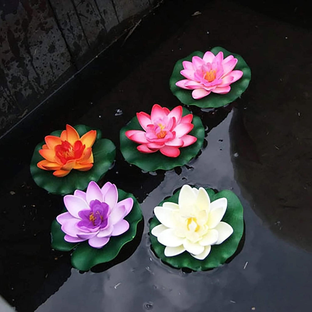 4 Pcs Off White Artificial Floating Foam Lotus Flower with Water Lilys Pad Ornanments, Fish Tank Aquarium Lifelikes Fake Lotus Flowers for Patio Pond Home Garden Wedding Party Event Decoration(3.94")