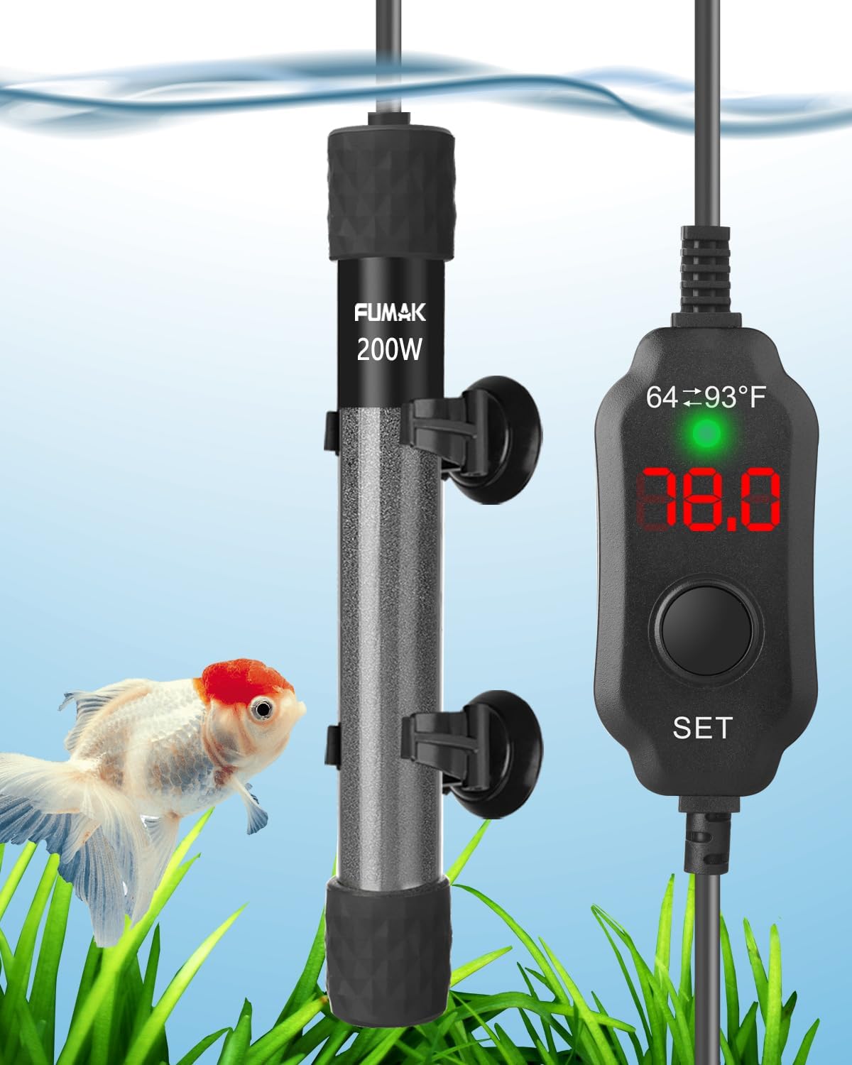 200W Adjustable Aquarium Heater Super Short Submersible Fish Tank Heater Fish Heater with LED Digital Display Thermostat, for Tanks 20-40 Gallons