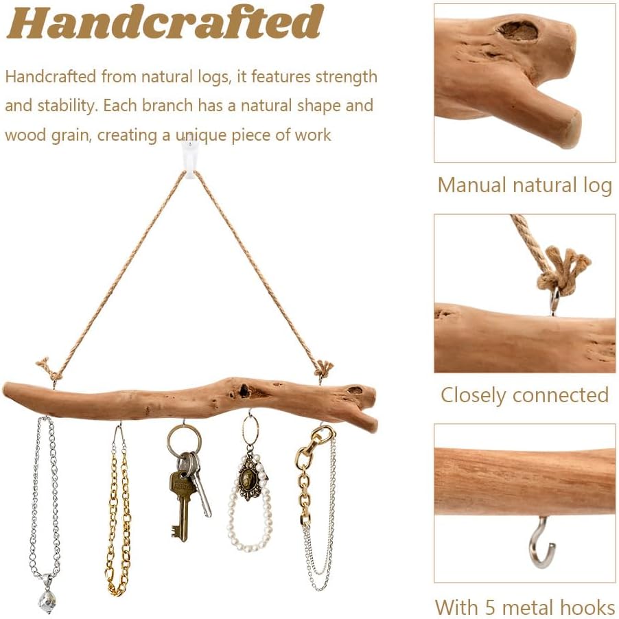 2Pcs 15.74 Inch Driftwood Decorative Branches with 5 Hooks, Rustic Wall Hanging Decor for Hanging Jewelry, Keys, Hats(COLOR:1Pc)