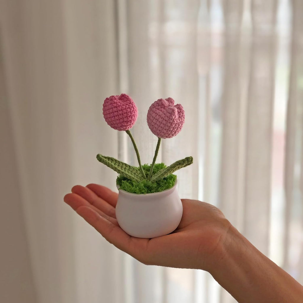 Crochet Flowers Cute Little Potted Flower, Gift for Birthday, Teacher’s Day, Graduation, Anniversary, Christmas, Decor for Car Dashboard,Home Office Decoration (Pink Gradient Tulips)