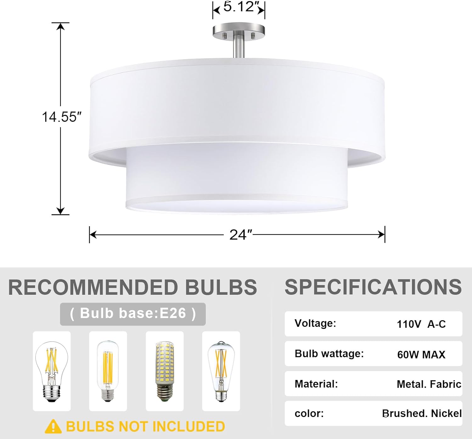 5 Light Off White Double Drum Fabric Shade Semi Flush Mount Ceiling Light,Close to Ceiling Light Fixture Brushed Nickel Finish,24 inch Semi Flush Drum Light for Bedroom,Living Room,Dining Room Hallway