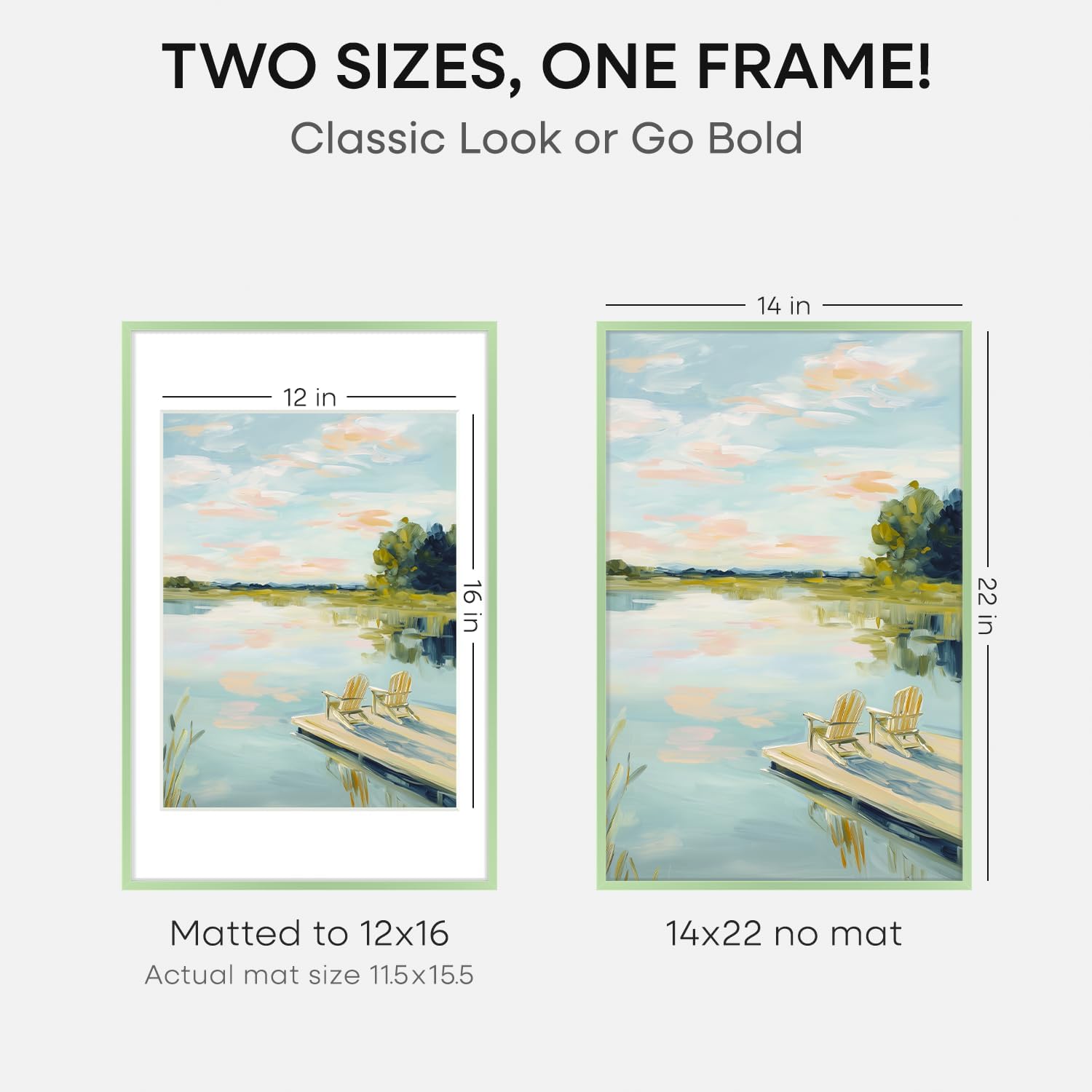 Homeforia 14x22 Picture Frame Sage Green, High End Metal 14x22 Poster Frames with Mat 12x16 inch Photo, 14 x 22 Sage Green Frame Matted to 12 by 16 Art, 22x14 Frame, Tempered Glass, Wall Kit, Set of 2