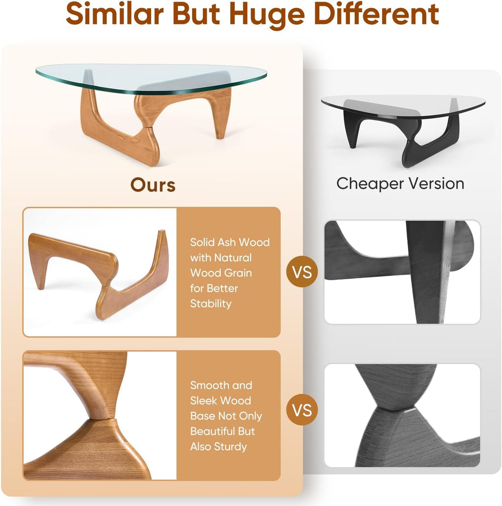 Noguchi Table Triangle Glass Coffee Table Vintage Glass End Table, Solid Wood Base and Triangle Clear Glass Top Modern End Table for Living Room, Patio, Study (Light Walnut)