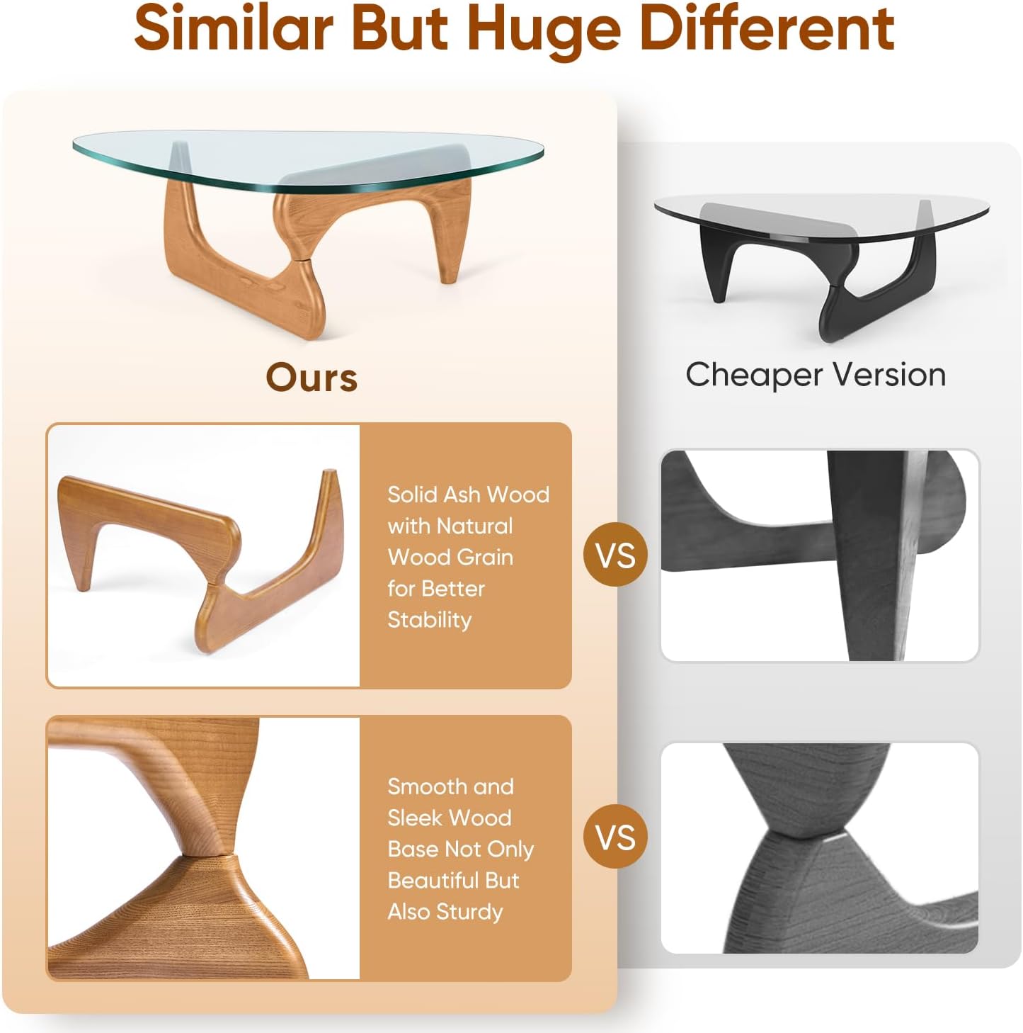 Noguchi Table Triangle Glass Coffee Table Vintage Glass End Table, Solid Wood Base and Triangle Clear Glass Top Modern End Table for Living Room, Patio, Study (Light Walnut)