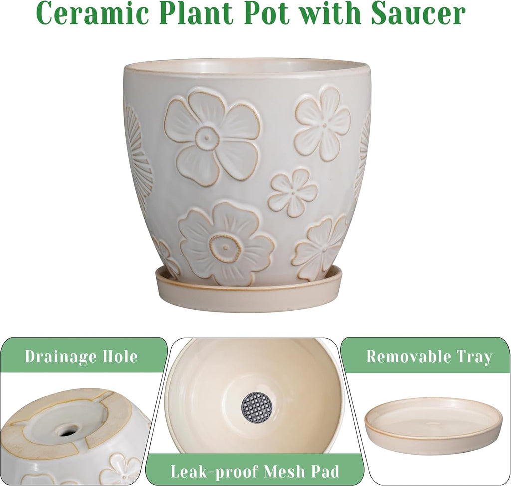 6.9 Inch Plant Pot with Drainage Hole and Saucer Ceramic Planter for Indoor Plant Flower Pot for Orchid Succulents Plants White
