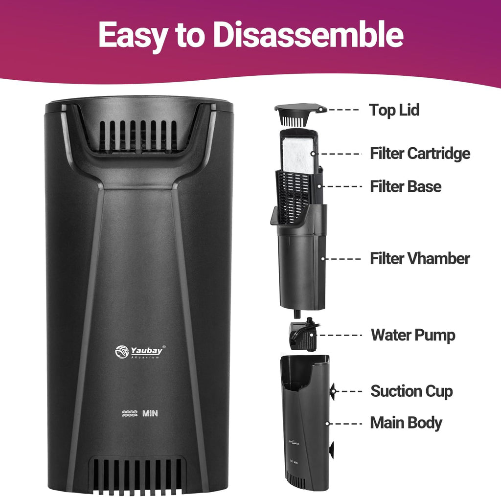 Quiet Internal Aquarium Filter, 3-Stage Bio Filtration Low-Level Waterfall 5W Power Fish Tank Filter with Protective Grate for Up to 20 Gallon Betta Turtle Shrimp Tank, 90GPH (Filter)
