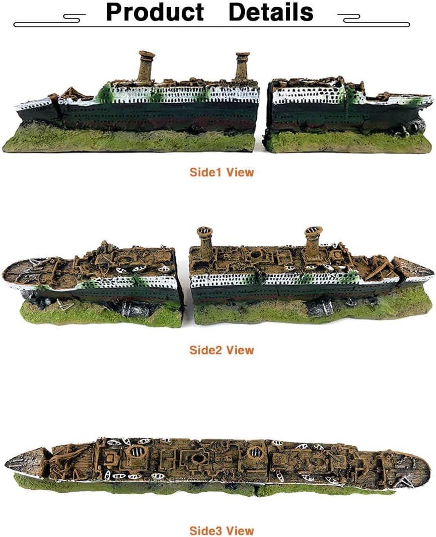 Aquarium Titanic Shipwreck Ornament - Aquarium Small Decor Cave for Fish Tank,Aquarium Small Sunken Ship Ornament Fishtank Decoration for Fishtank - 14.2 Inches Long
