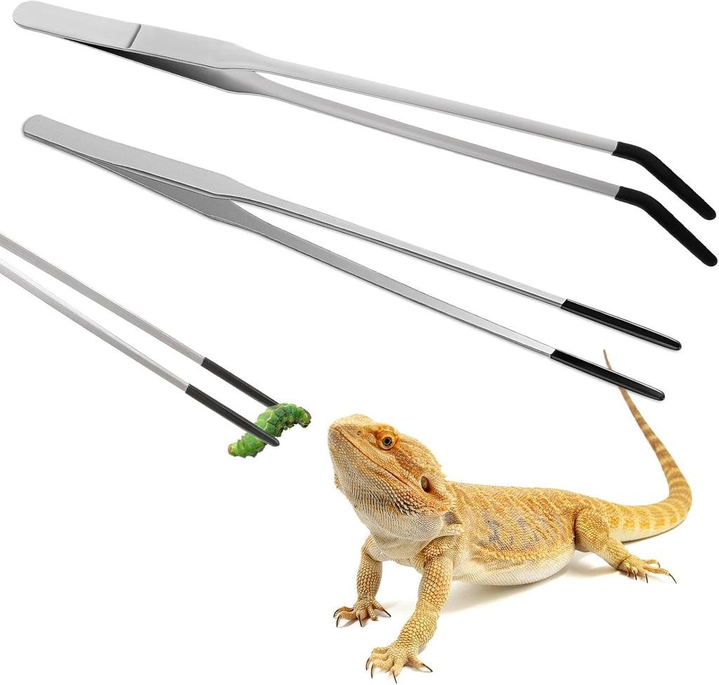 2 Pcs Feeding Tongs with Rubber Tip Stainless Steel Rubber Tipped Tweezers 10 Inch Straight and 10.5 Inch Curved Rubber Tip Tweezers for Bearded Dragon Aquarium Terrarium