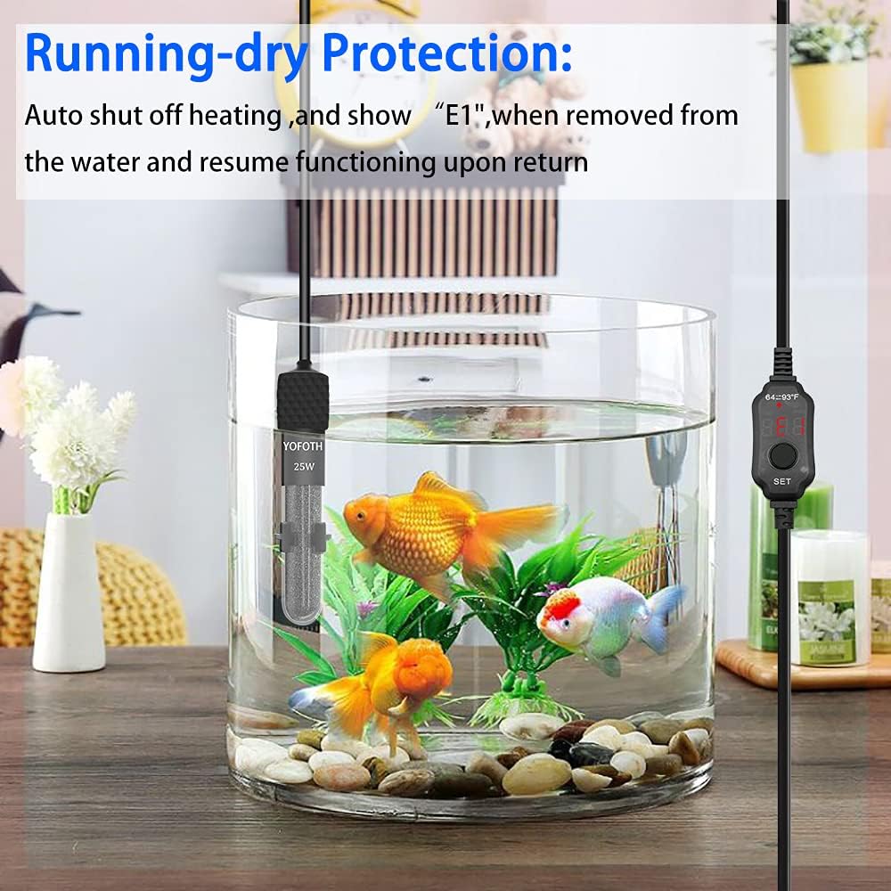 Adjustable Mini Aquarium Heater3-5 Gallons Submersible Small Fish Tank Heater 25W Digital Display Thermostat External Temperature Controller (25W)